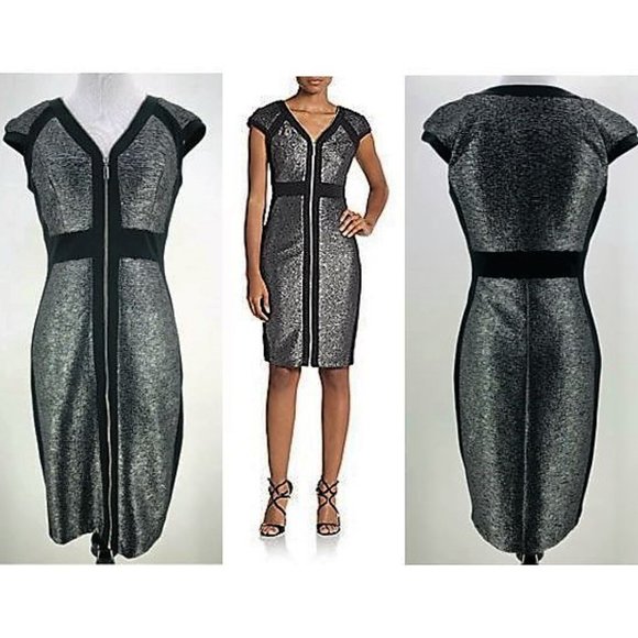 *JAX* Textured Zip-Front Cap-Sleeve Black Dress - Size 2 - Picture 13 of 15